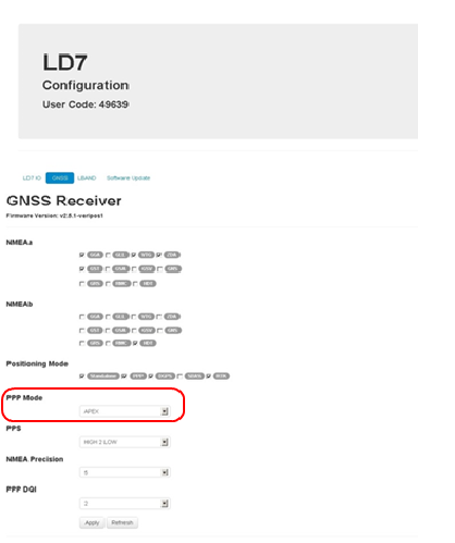 Click on the GNSS tab, change the PPP Mode and click Apply, followed by a power reboot to the LD7